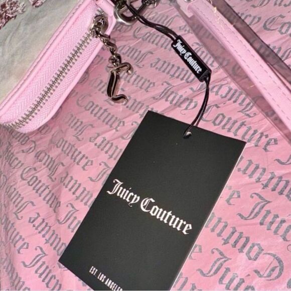 Juicy Couture Pink Beige Twig Dogs Embroidered Velour Wallet Wristlet Clutch Bag - Picture 9 of 12